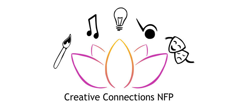 Here is our Logo!  It is a purple and orange lotus flower with a black and white  paintbrush, music notes, theatre masks, and light bulb floating above it.  Below the flower, Creative Connections NFP is written in black letters. 